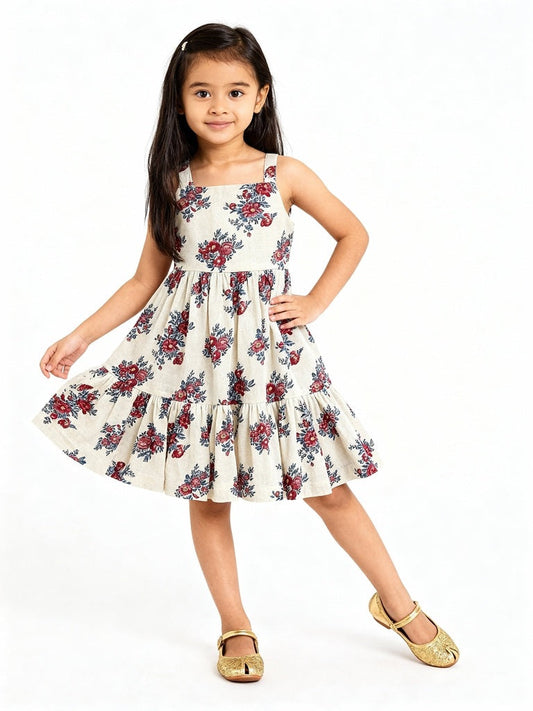 Utsa Kids Off-White Floral Design Cotton-Blend Tiered Dress - (2-8yrs)