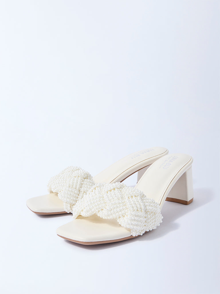 LUNA BLU White Pearlescent Block Heel Sandals