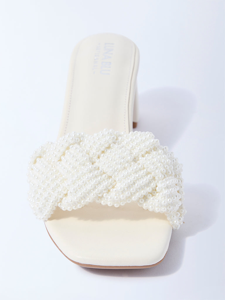 LUNA BLU White Pearlescent Block Heel Sandals