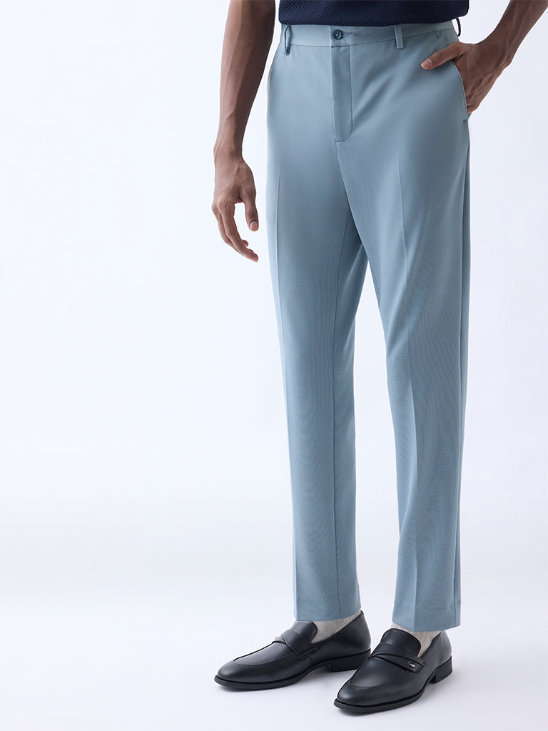 WES Formals Light Teal Slim-Tapered Fit Mid-Rise Trousers