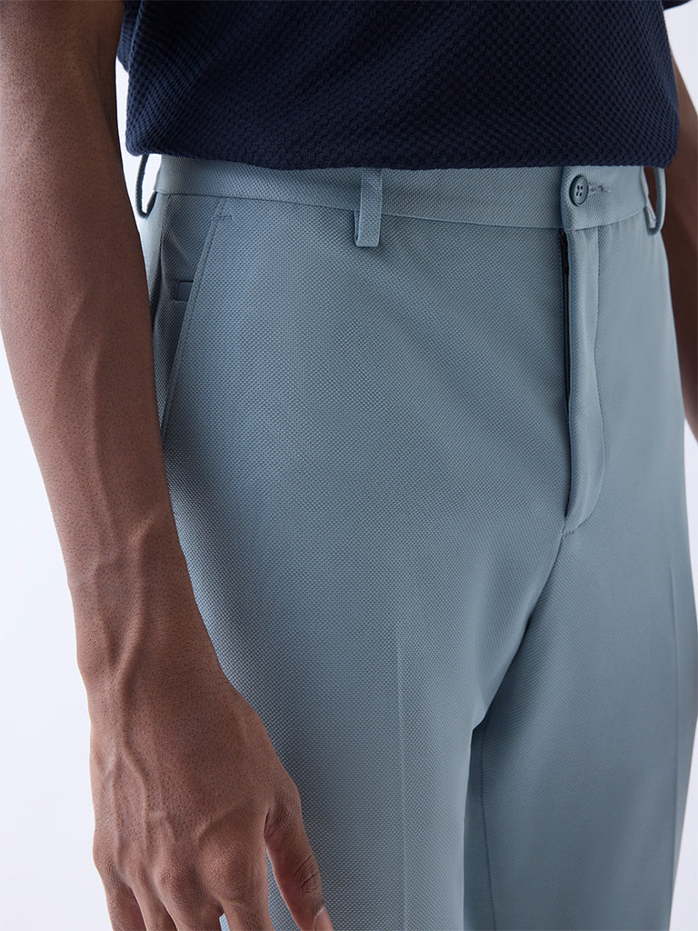 WES Formals Light Teal Slim-Tapered Fit Mid-Rise Trousers