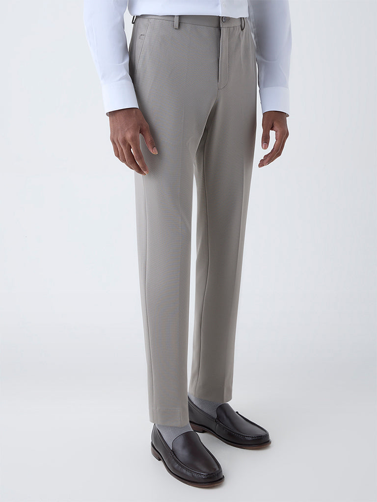 WES Formals Taupe Solid Slim-Tapered Fit Mid-Rise Trousers