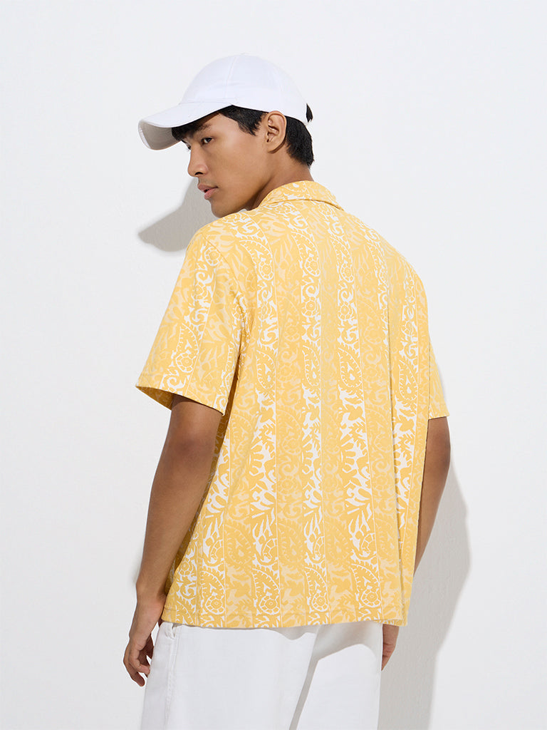 Nuon Yellow Paisley Design Relaxed-Fit Cotton-Blend Shirt