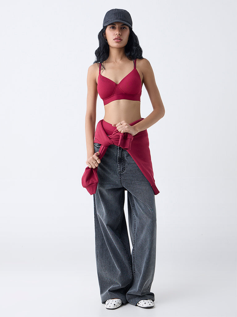 Superstar Red Ribbed-Textured Padded Bra