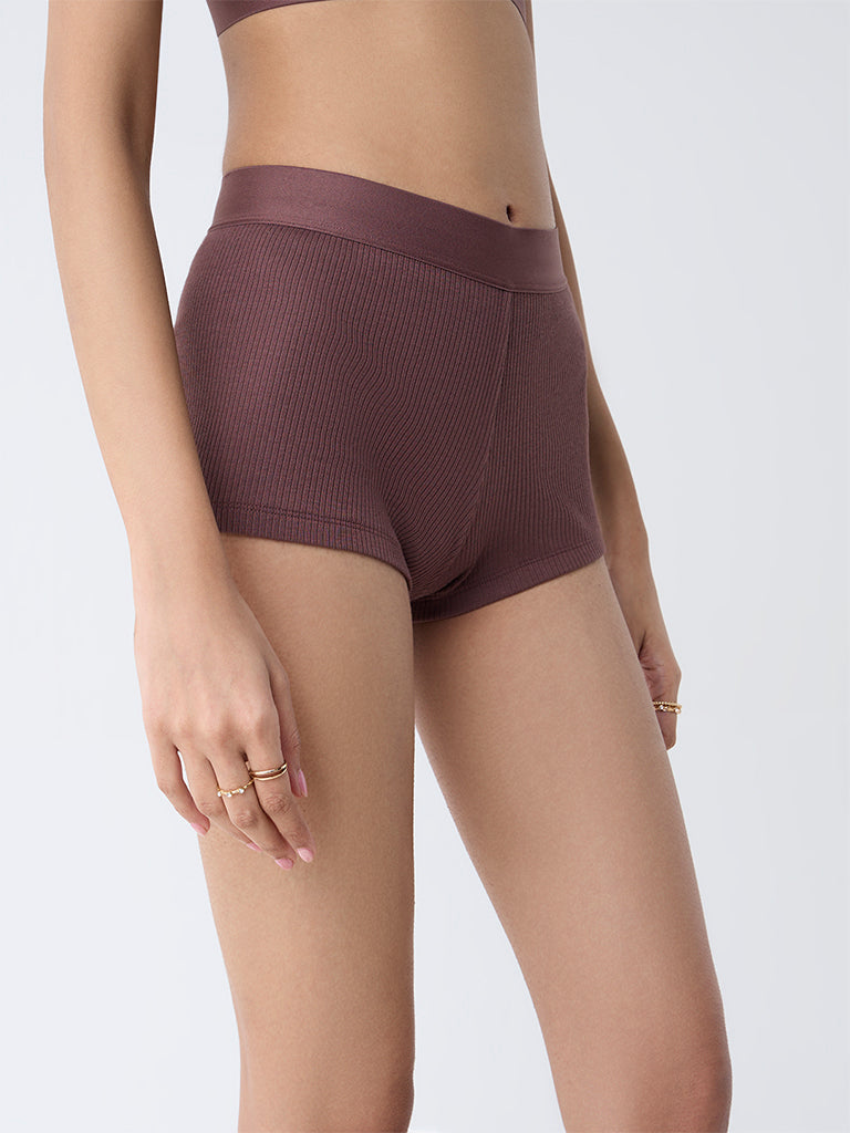 Superstar Brown Ribbed-Textured Boy Shorts Briefs