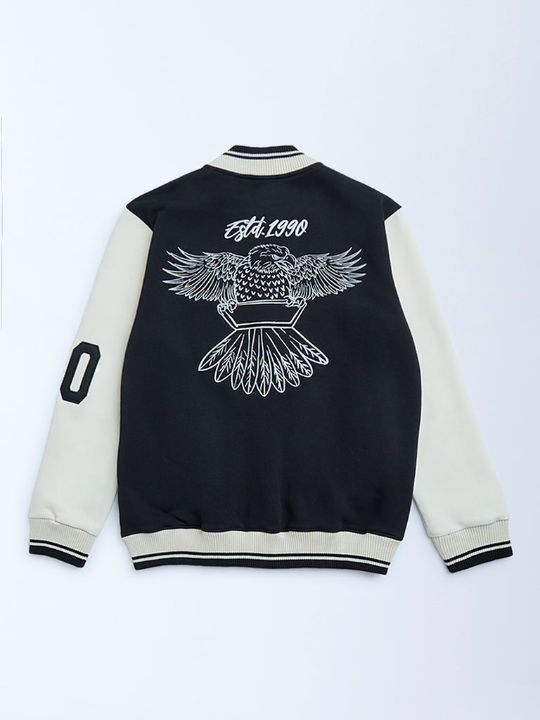 Y&F Kids Black Printed Cotton-Blend Varsity Jacket