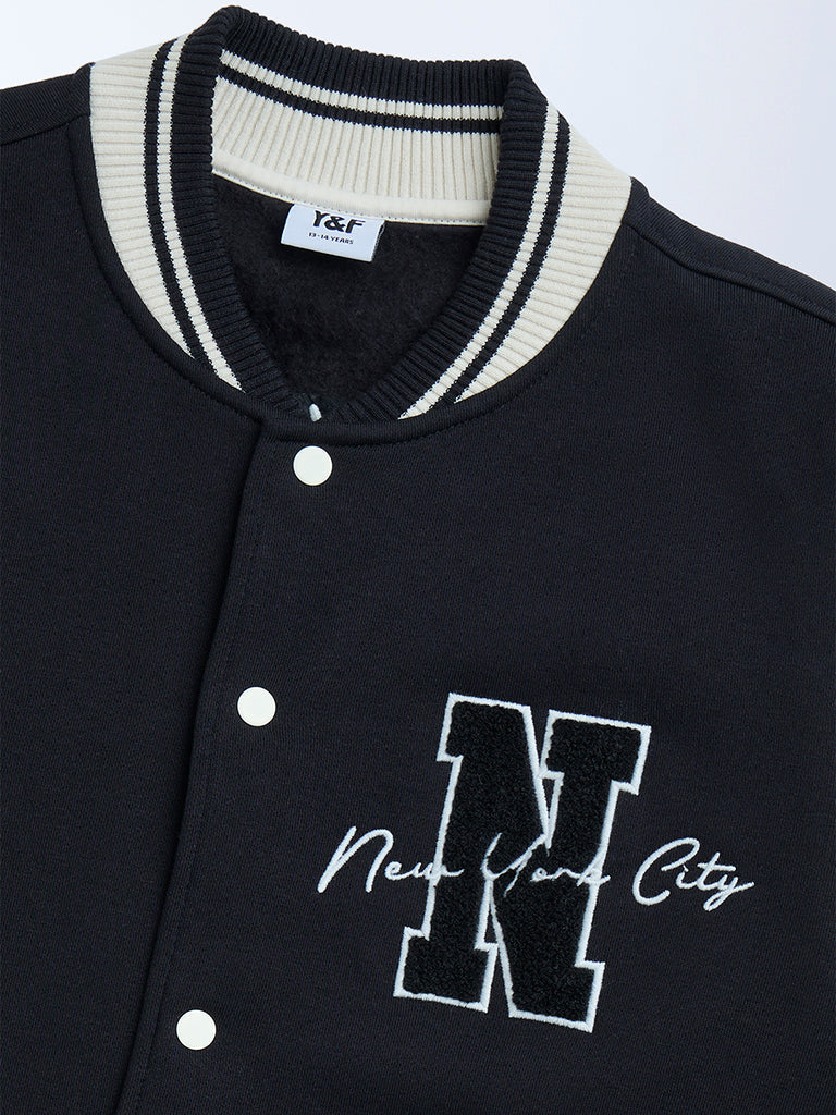 Y&F Kids Black Printed Cotton-Blend Varsity Jacket