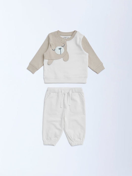 HOP Baby White Teddy Design Cotton T-Shirt and Joggers Set