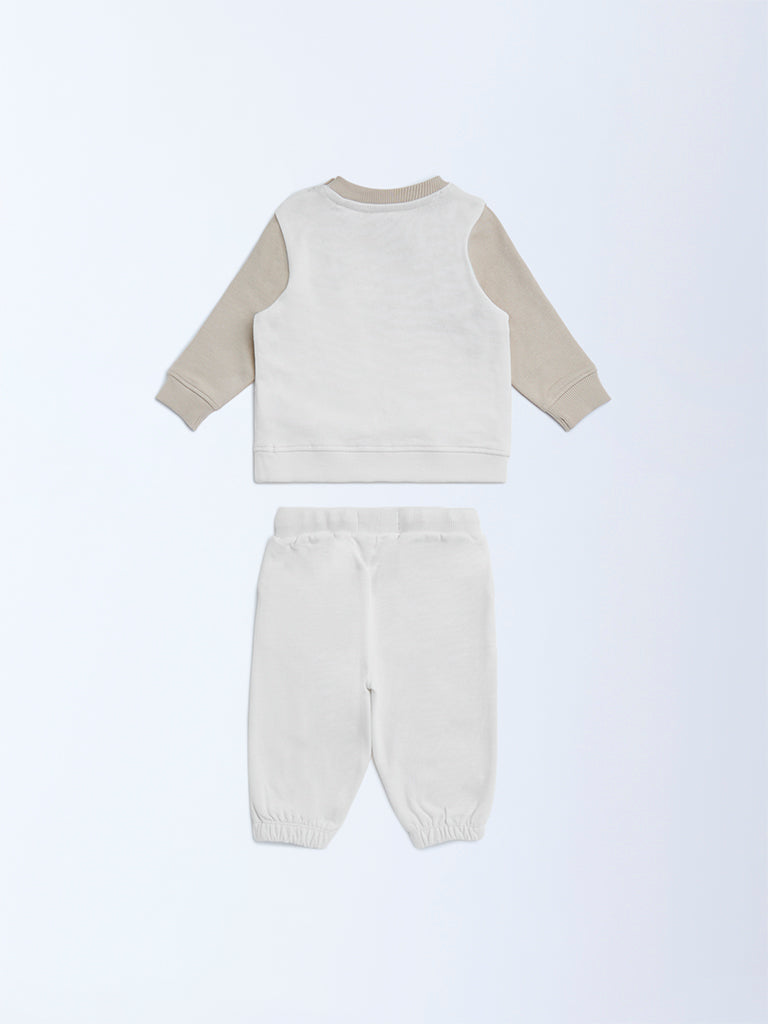 HOP Baby White Teddy Design Cotton T-Shirt and Joggers Set