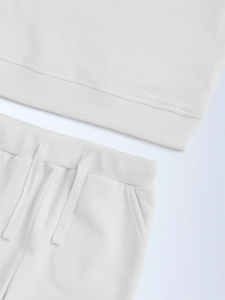 HOP Baby White Teddy Design Cotton T-Shirt and Joggers Set