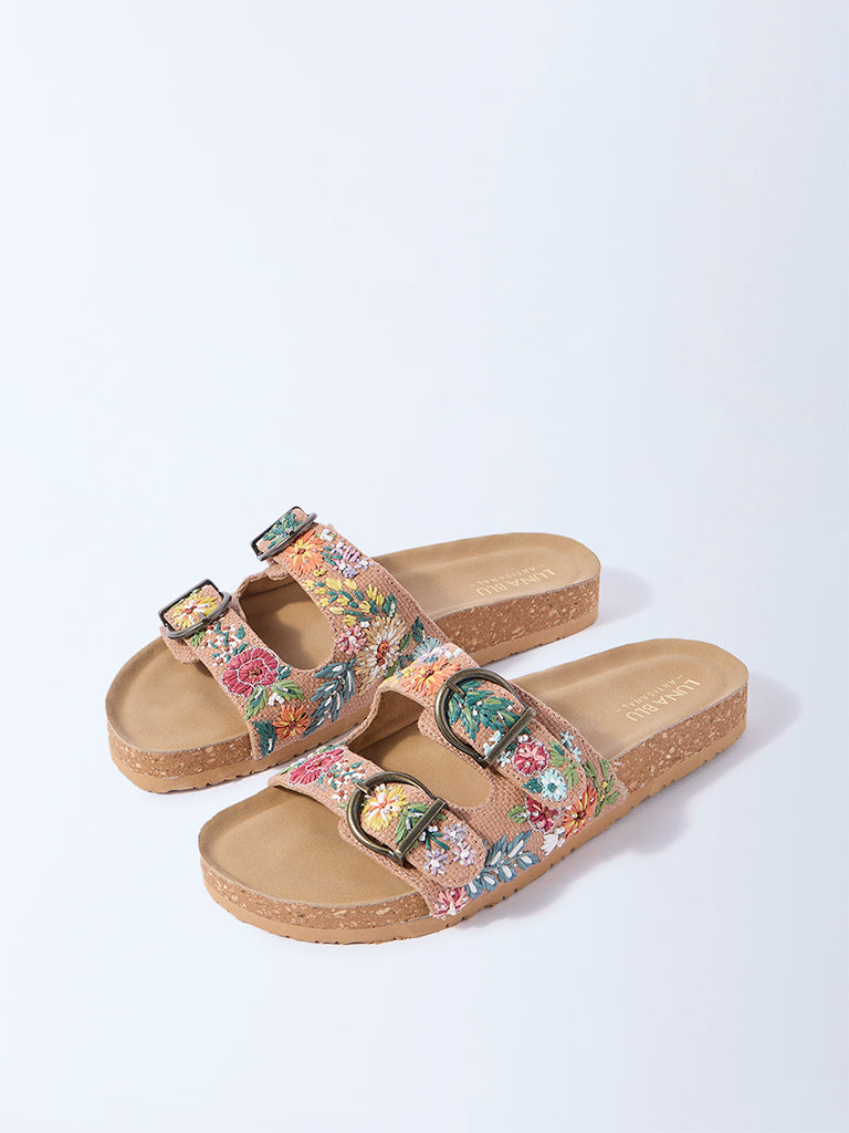 LUNA BLU Taupe Floral Raffia Detailed Slip-On Sandals