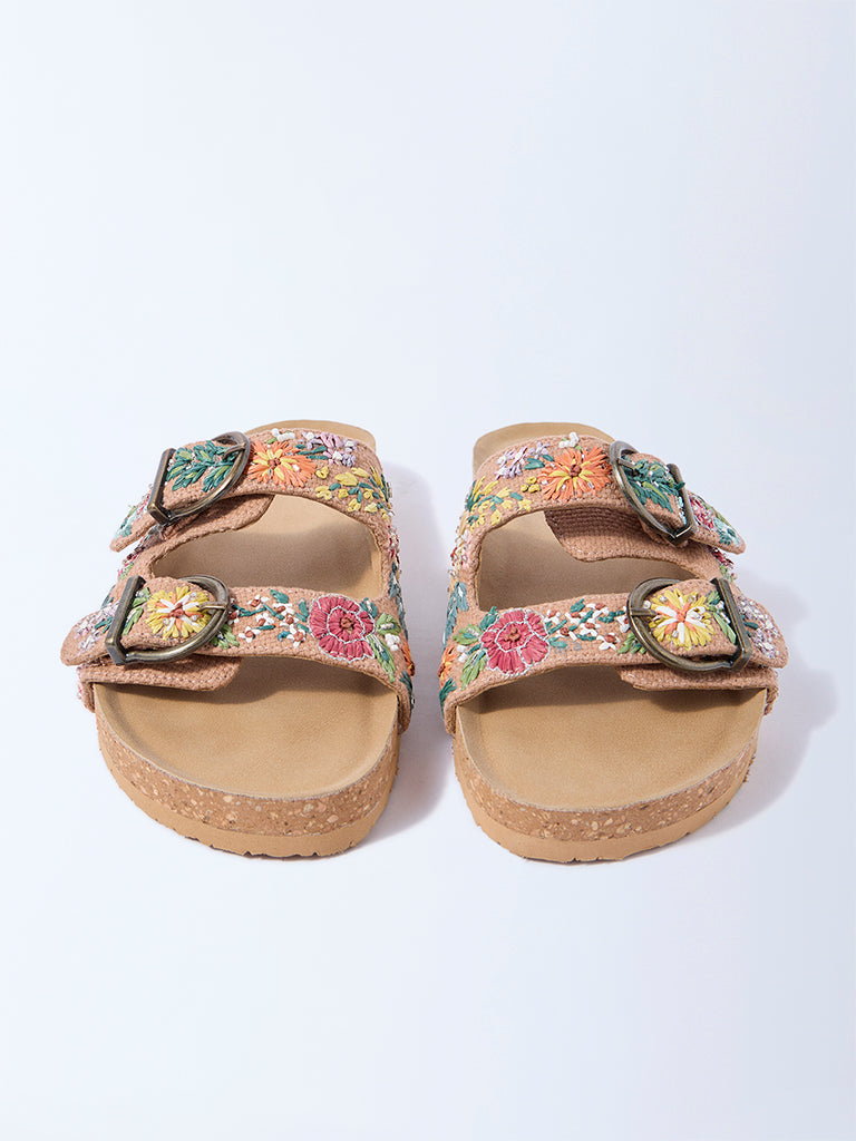 LUNA BLU Taupe Floral Raffia Detailed Slip-On Sandals