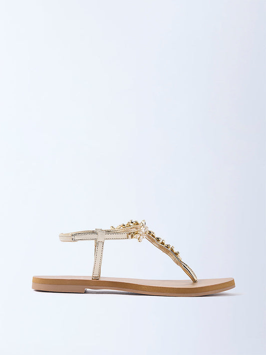 LUNA BLU Beige Floral Embellished Thong Strap Sandals