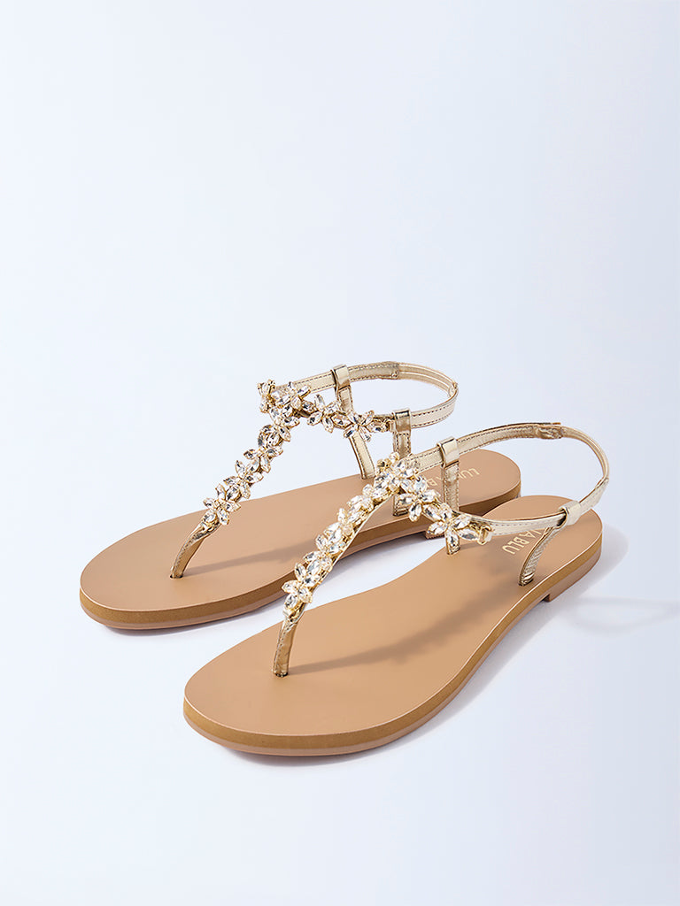 LUNA BLU Beige Floral Embellished Thong Strap Sandals