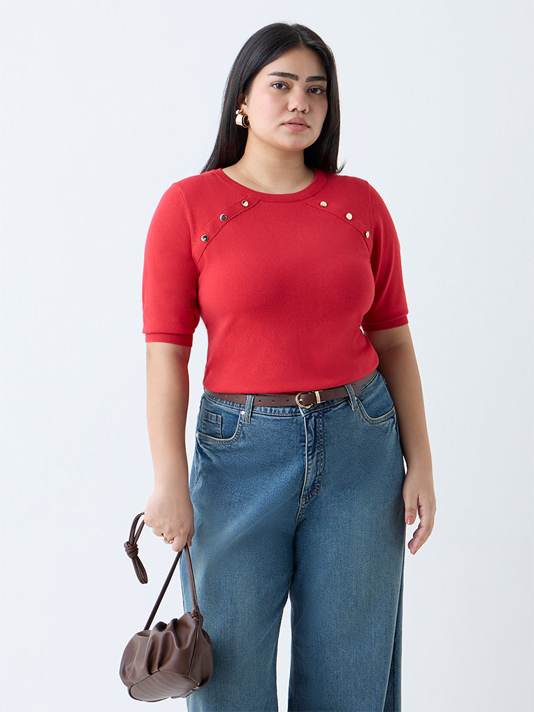 Gia Red Solid Knitted T-Shirt