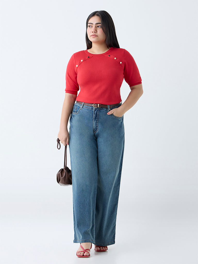 Gia Red Solid Knitted T-Shirt