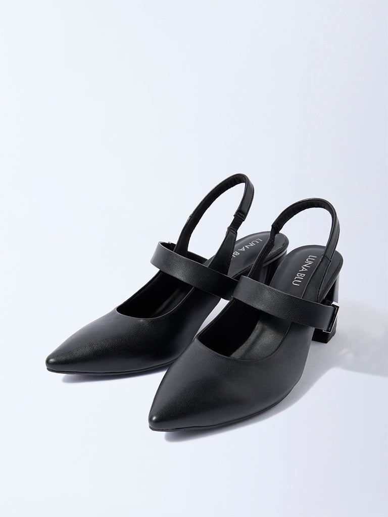 LUNA BLU Black Slingback Block-Heel Mules