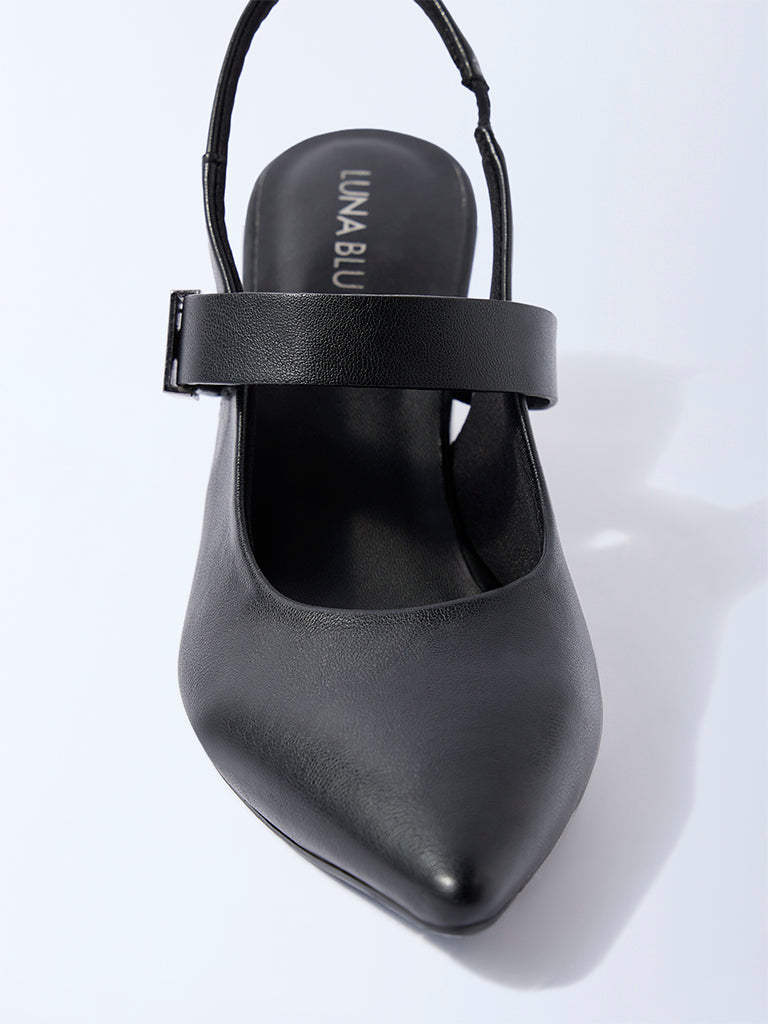 LUNA BLU Black Slingback Block-Heel Mules