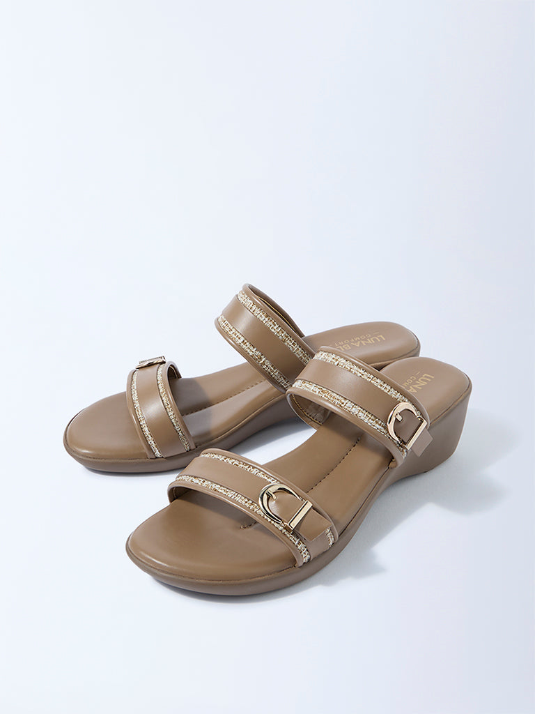 LUNA BLU Brown Raffia-Detailed Slip-On Sandals