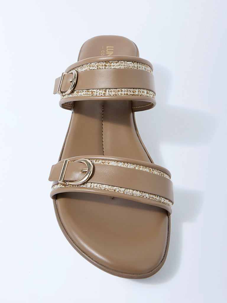 LUNA BLU Brown Raffia-Detailed Slip-On Sandals