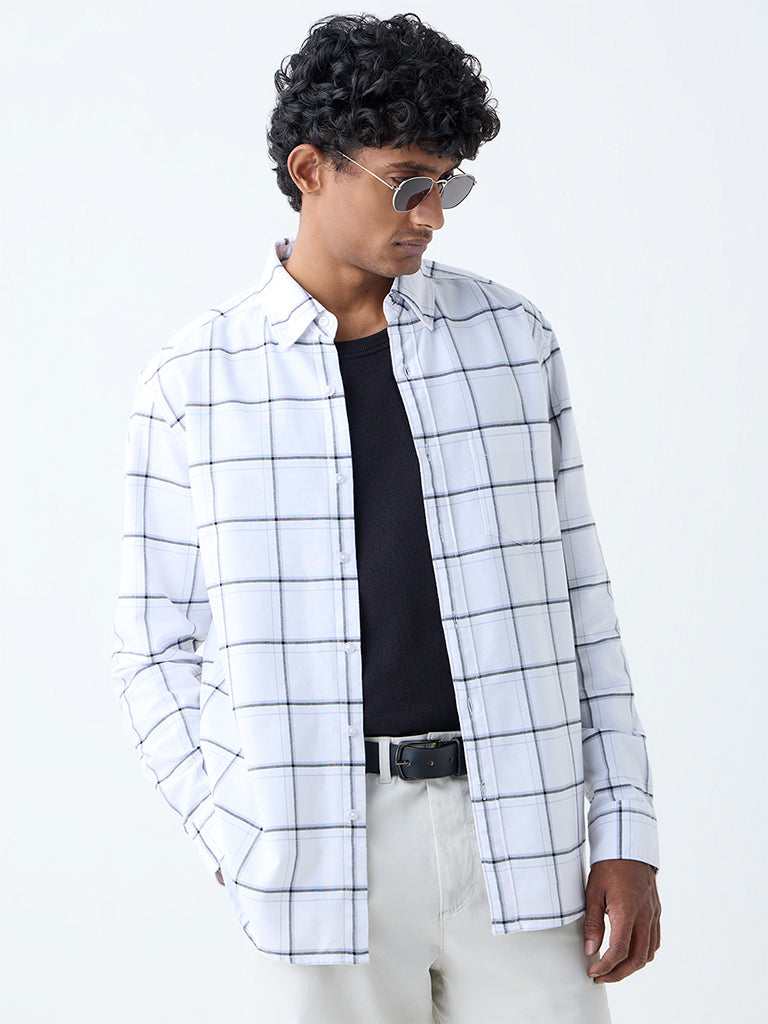 WES Casuals White Checks Design Relaxed-Fit Cotton Shirt