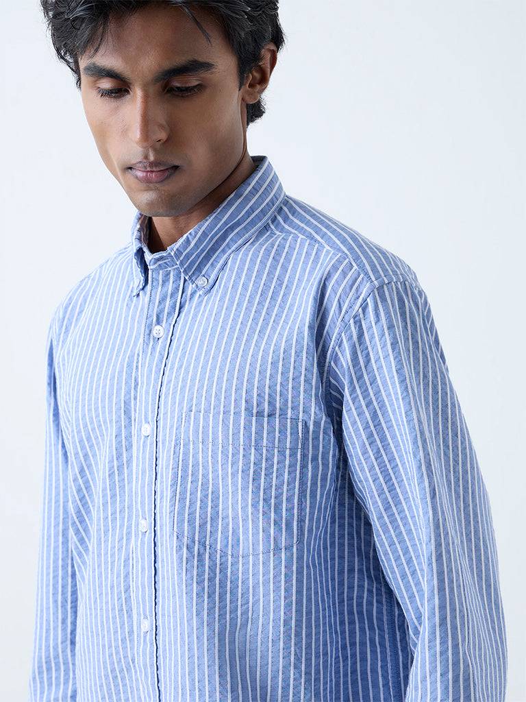 WES Casuals Blue Seersucker Striped Relaxed-Fit Cotton Shirt
