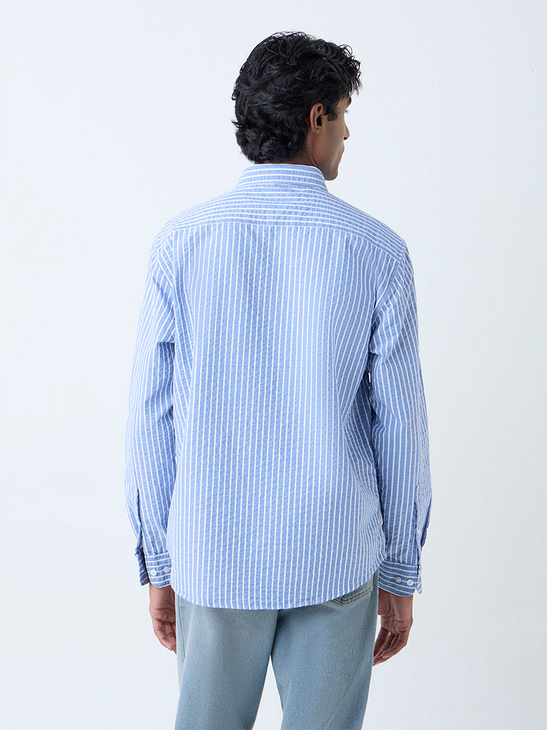 WES Casuals Blue Seersucker Striped Relaxed-Fit Cotton Shirt