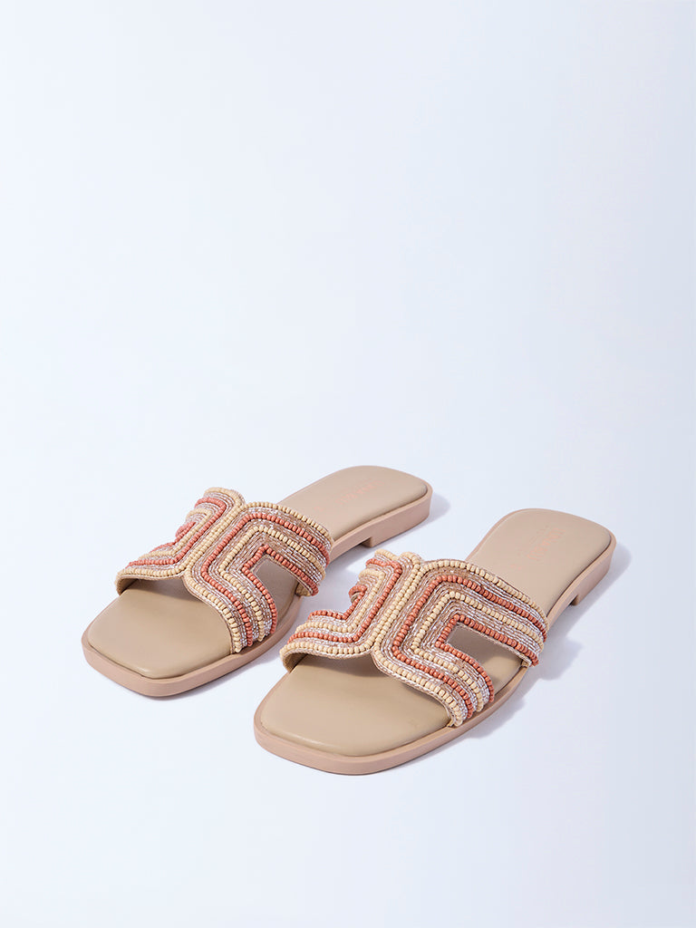 LUNA BLU Beige Embellished Slides