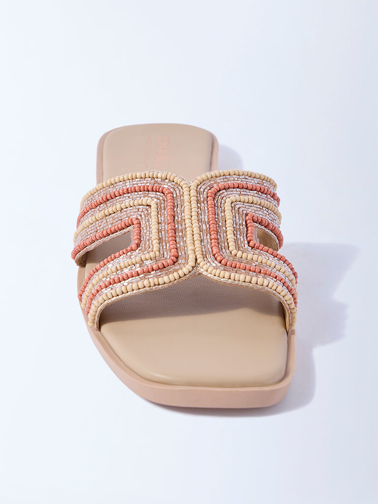 LUNA BLU Beige Embellished Slides
