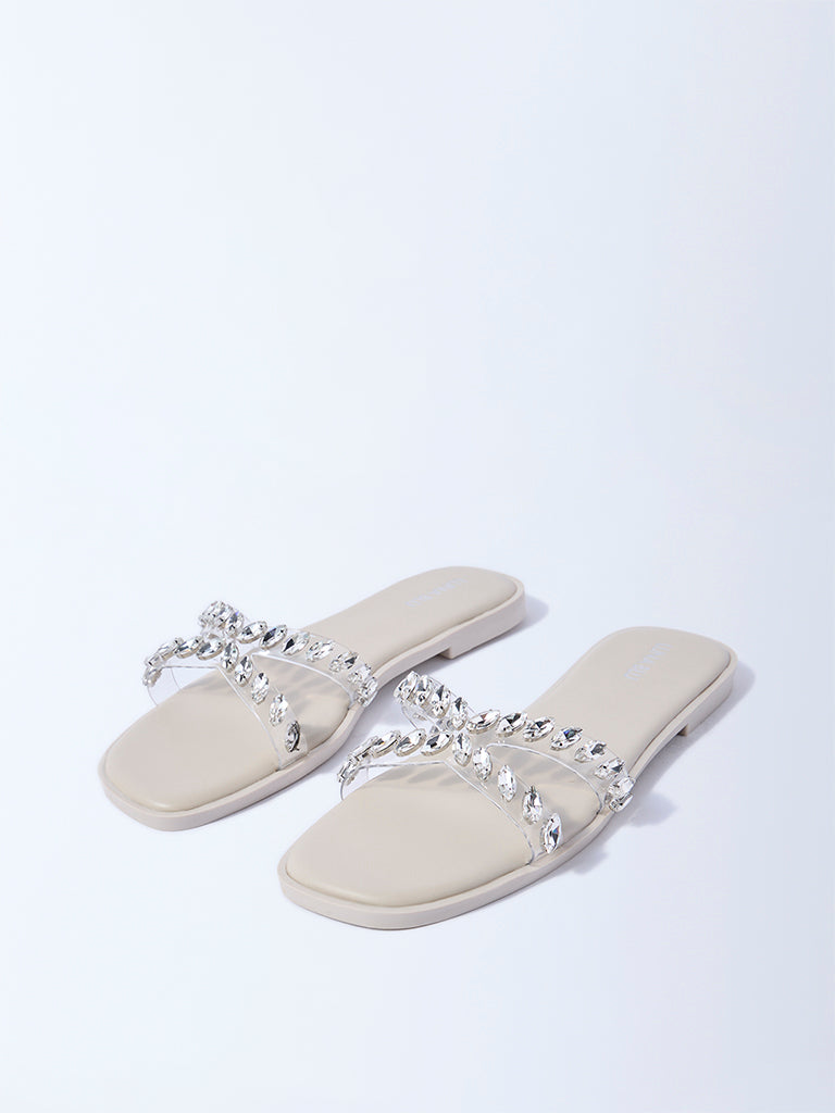 LUNA BLU Ivory Rhinestone Embellished Slides