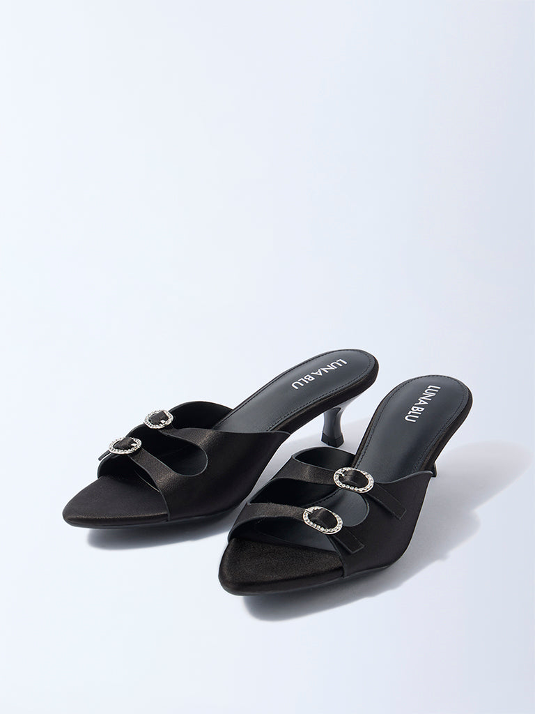 LUNA BLU Black Diamante-Detailed Kitten-Heel Sandals