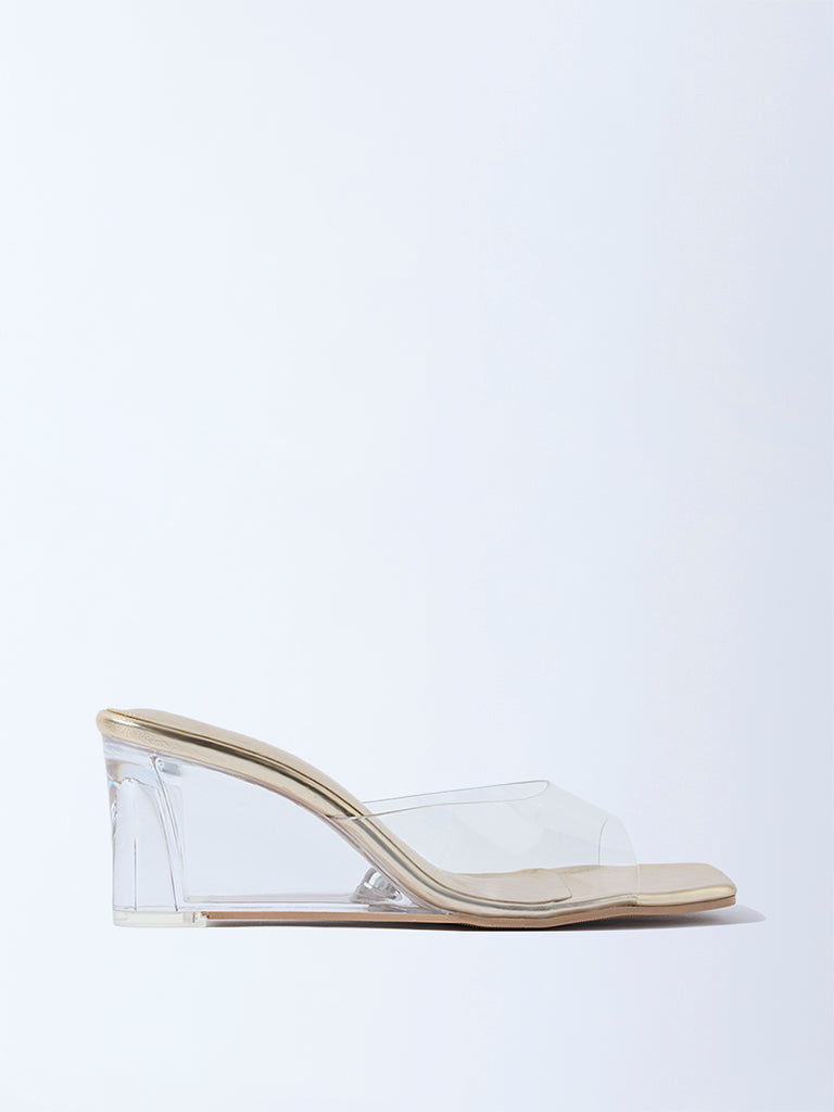 LUNA BLU Gold Vinyl Strap Wedge Heel Sandals