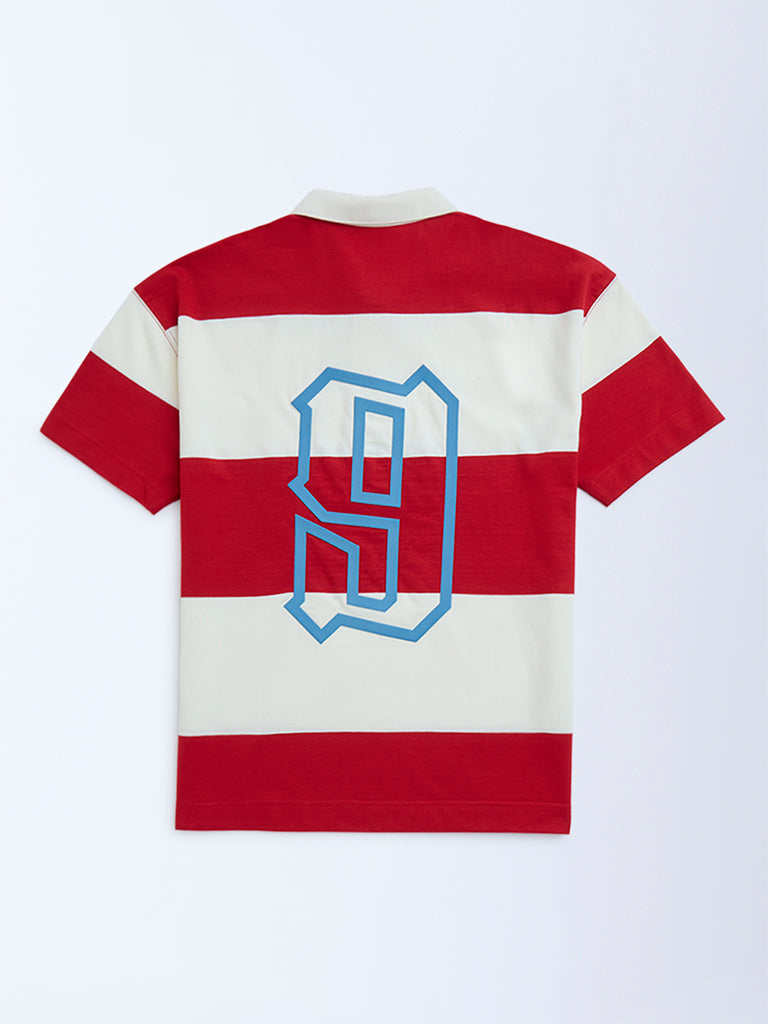 Y&F Kids Red Colour-Blocked Cotton Polo T-Shirt