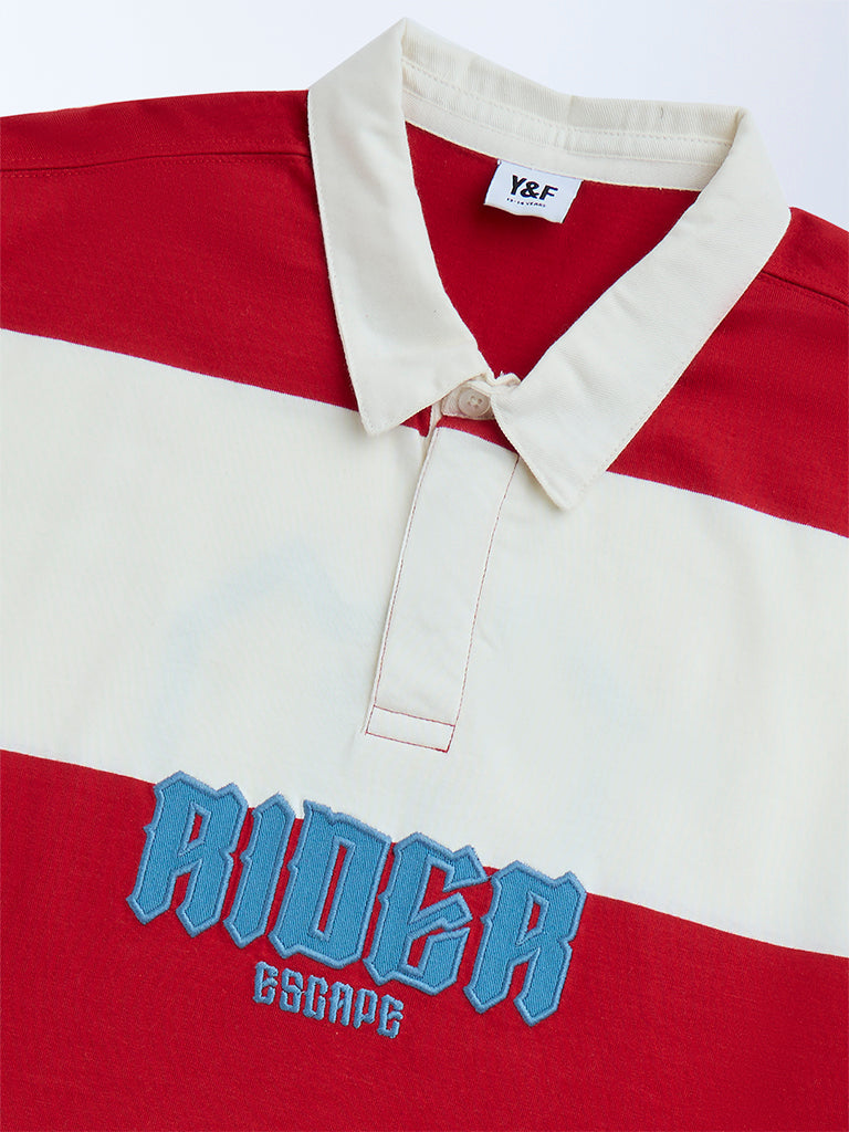 Y&F Kids Red Colour-Blocked Cotton Polo T-Shirt
