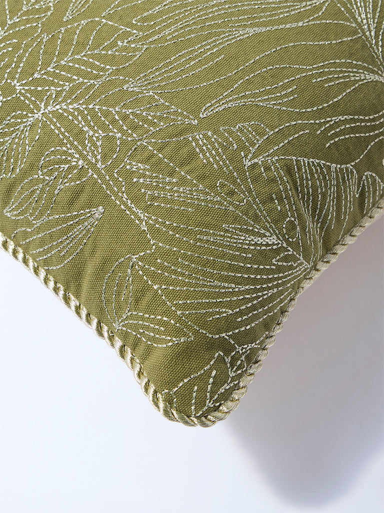 Westside Home Olive Zari Leaf Embroidered Cushion Cover