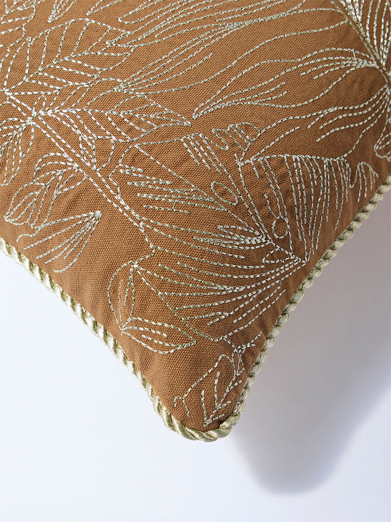 Westside Home Brown Zari Leaf Embroidered Cushion Cover