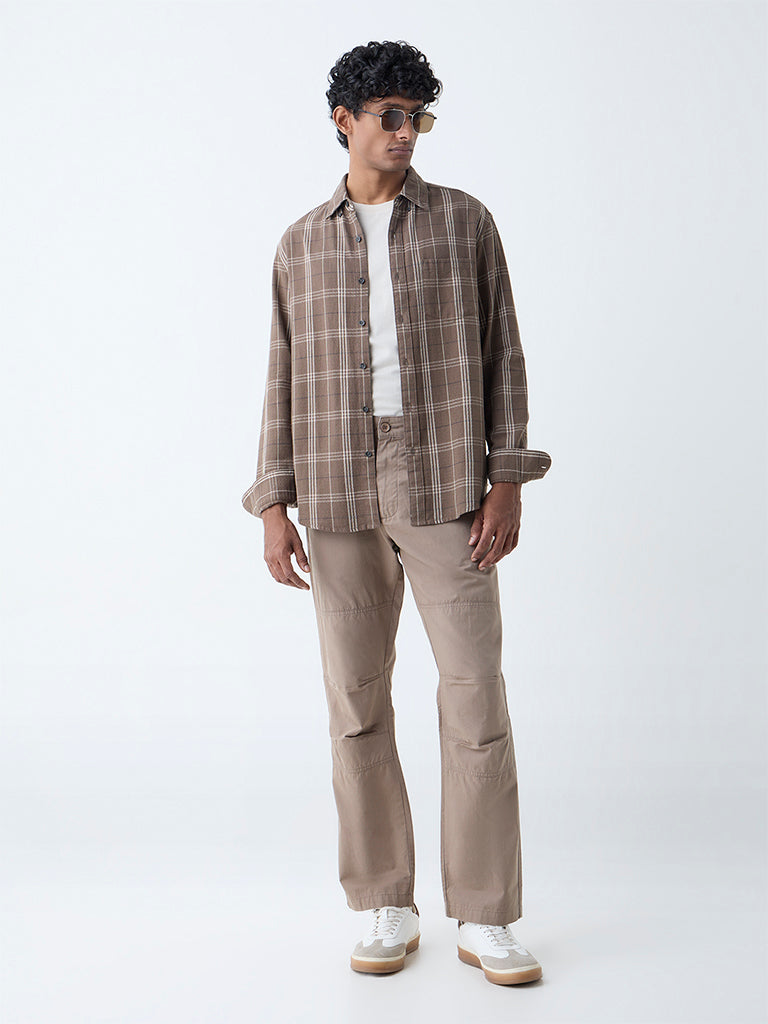 WES Casuals Taupe Solid Relaxed-Fit Mid-Rise Cotton-Blend Trousers