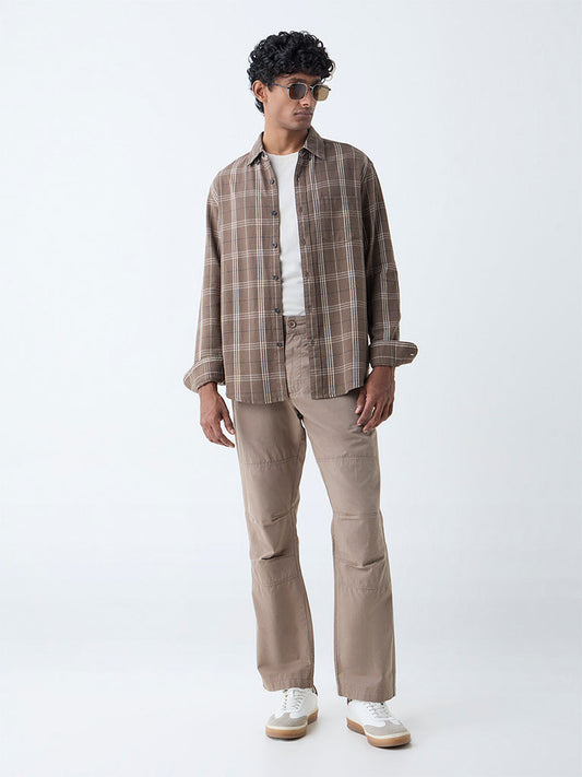 WES Casuals Taupe Solid Relaxed-Fit Mid-Rise Cotton-Blend Trousers