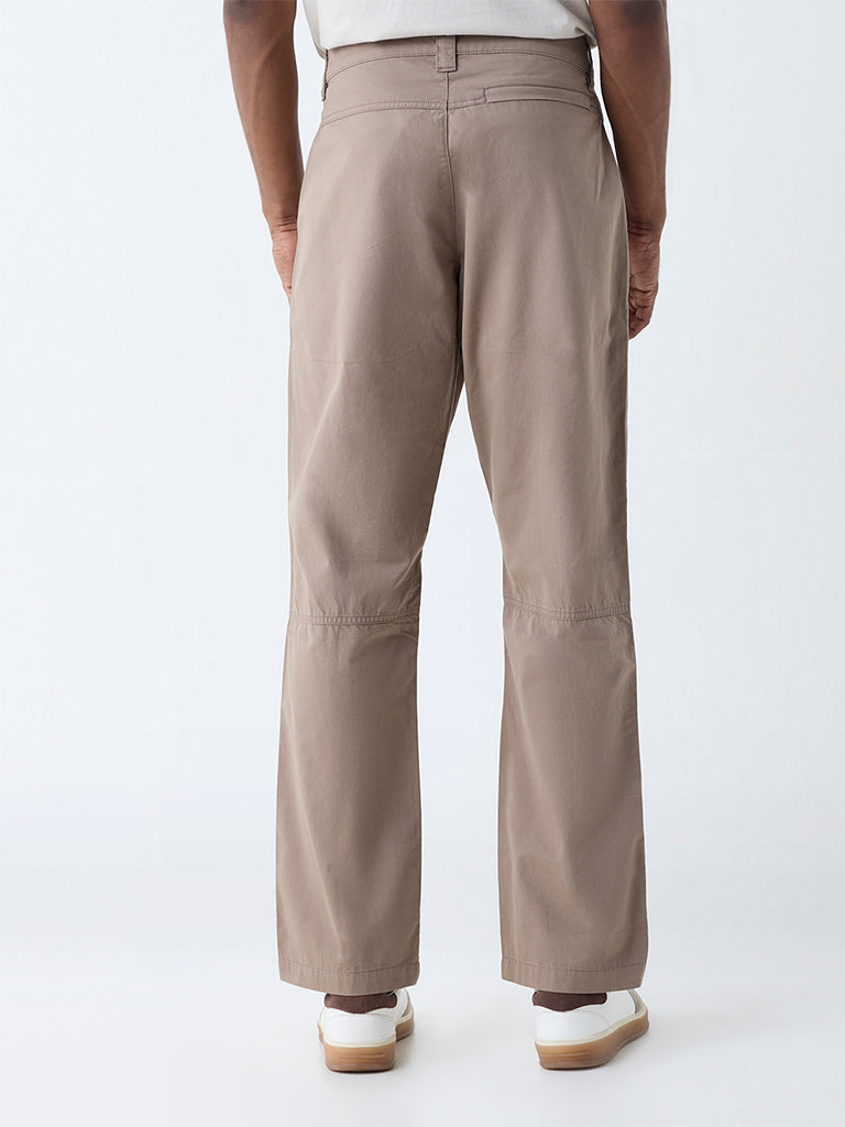 WES Casuals Taupe Solid Relaxed-Fit Mid-Rise Cotton-Blend Trousers
