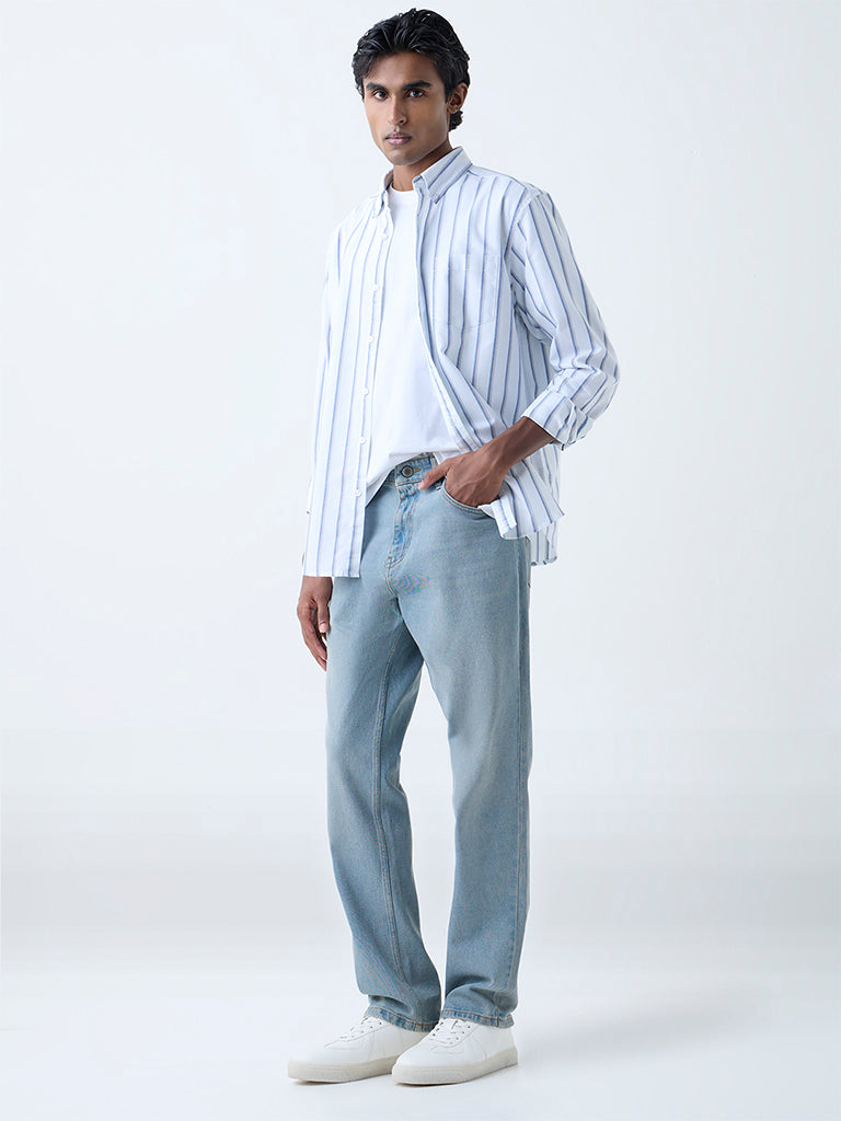 WES Casuals White Striped Relaxed-Fit Cotton Shirt
