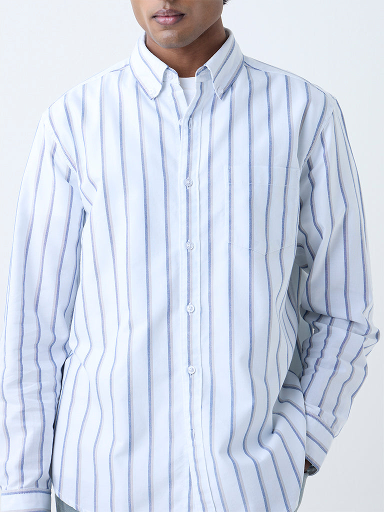 WES Casuals White Striped Relaxed-Fit Cotton Shirt