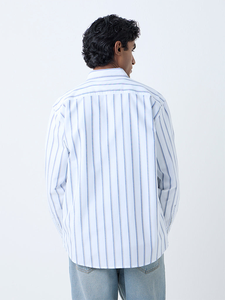 WES Casuals White Striped Relaxed-Fit Cotton Shirt