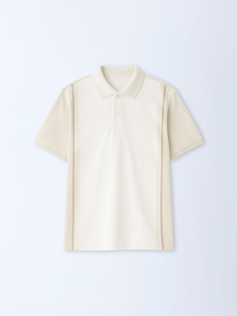 WES Casuals Beige Colour-Blocked Relaxed-Fit Cotton-Blend Polo T-Shirt