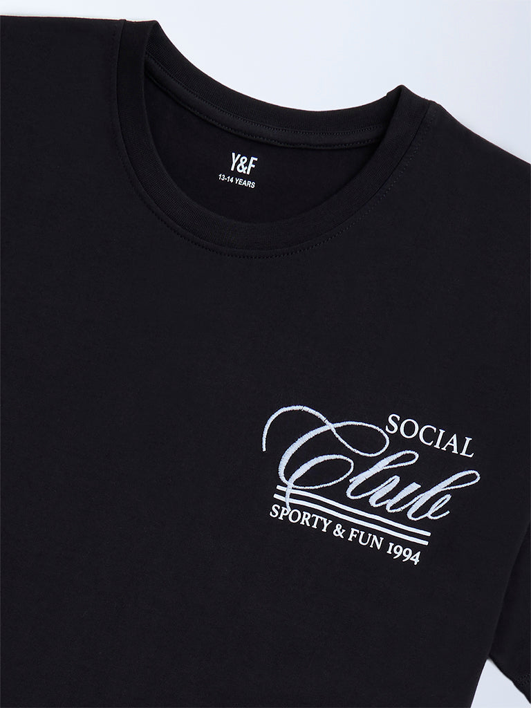Y&F Kids Black Text Printed Cotton T-Shirt