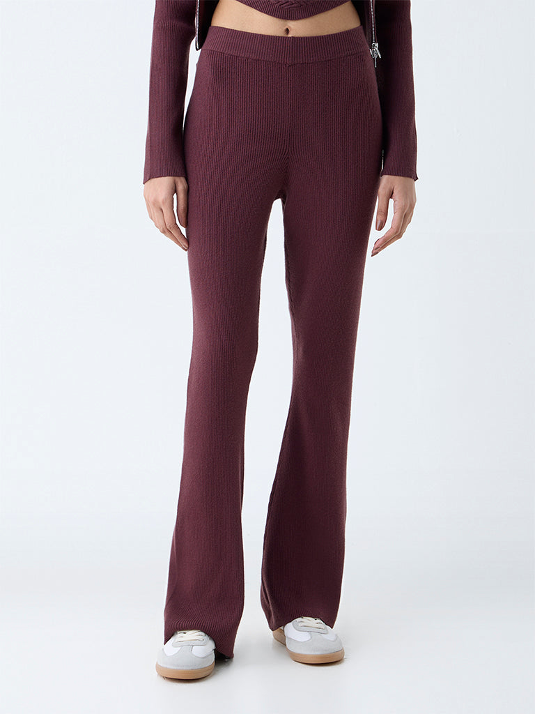 Nuon Dark Brown Ribbed High-Rise Bootcut Pants