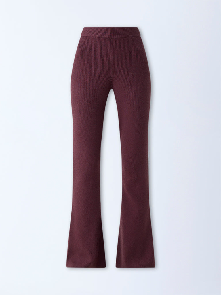 Nuon Dark Brown Ribbed High-Rise Bootcut Pants