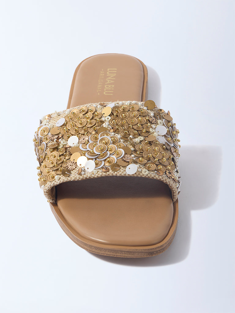 LUNA BLU Light Brown Embellished Slides