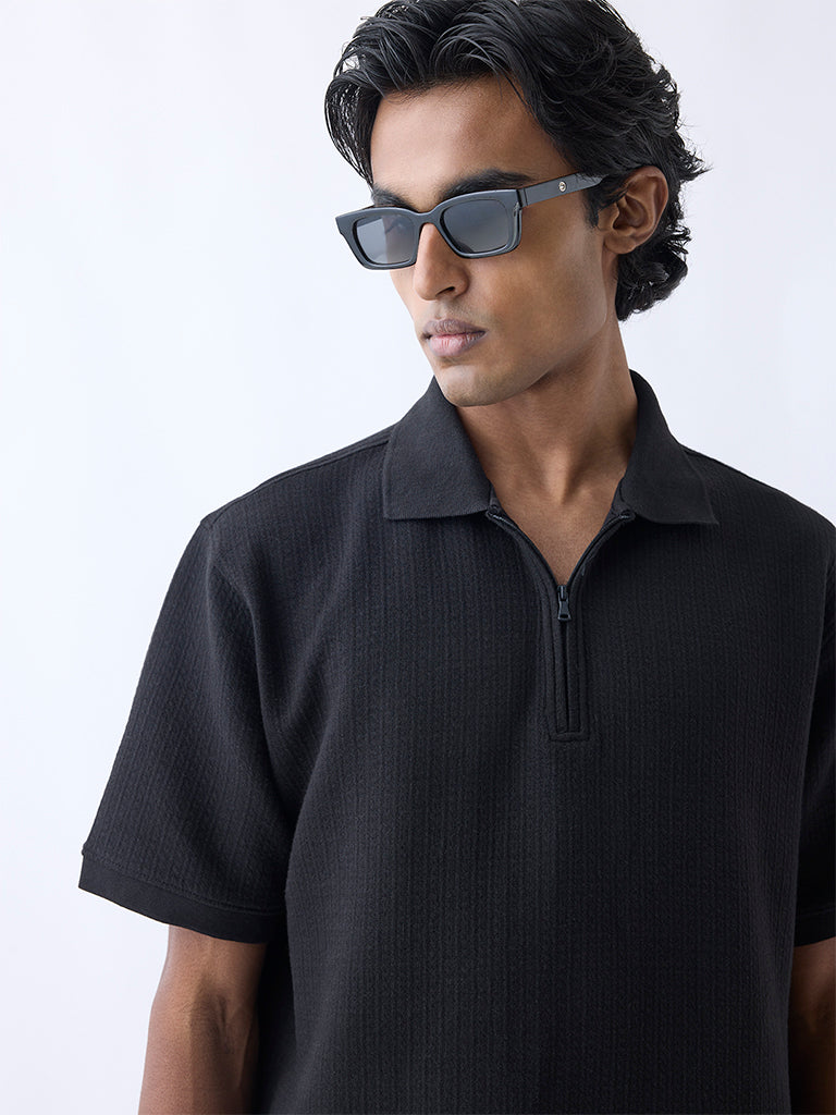 WES Casuals Black Relaxed-Fit Quarter-Zip Polo T-Shirt