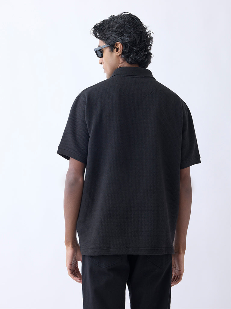 WES Casuals Black Relaxed-Fit Quarter-Zip Polo T-Shirt