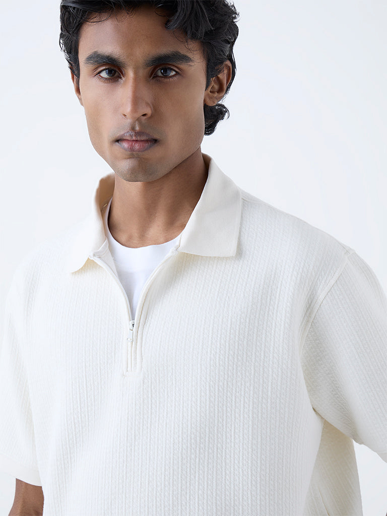 WES Casuals Off-White Relaxed-Fit Three-Quarter Zip T-Shirt